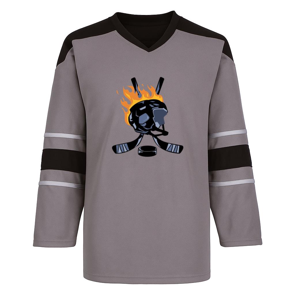Ice Hockey Helmet And Sticks On Fire Hockey Jersey