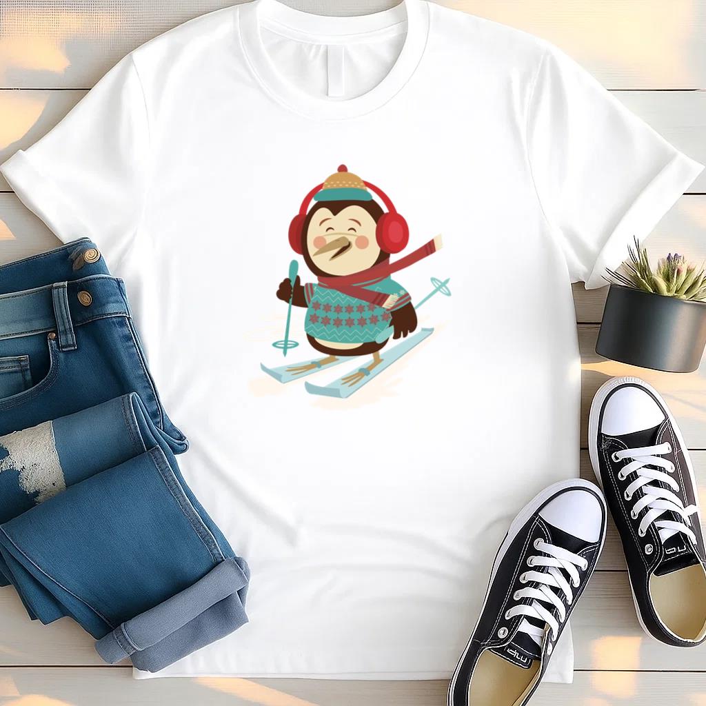 Penguin Skiing Cartoon T Shirt